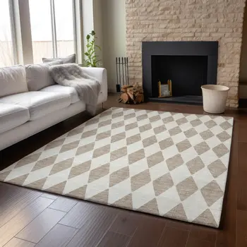 8' X 10' Taupe And Ivory Diamond Washable Area Rug With UV Protection