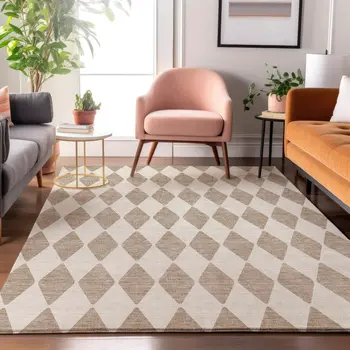 10' X 14' Taupe And Ivory Diamond Washable Area Rug With UV Protection