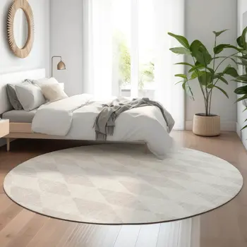 8' Ivory And Beige Diamond Washable Round Rug With UV Protection
