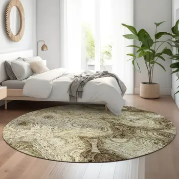 8' Beige And Brown Abstract Washable Round Rug With UV Protection