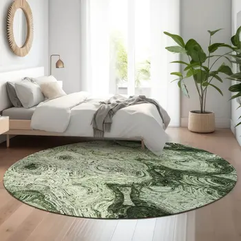 8' Green And Charcoal Abstract Washable Round Rug With UV Protection