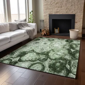 8' X 10' Green And Charcoal Abstract Washable Area Rug With UV Protection