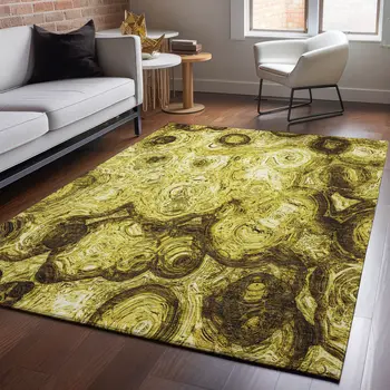 3' X 5' Gold And Chocolate Abstract Washable Area Rug With UV Protection