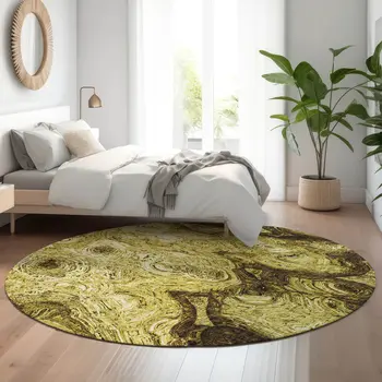 8' Gold And Chocolate Abstract Washable Round Rug With UV Protection