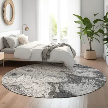 8' Gray And Silver Abstract Washable Round Rug With UV Protection