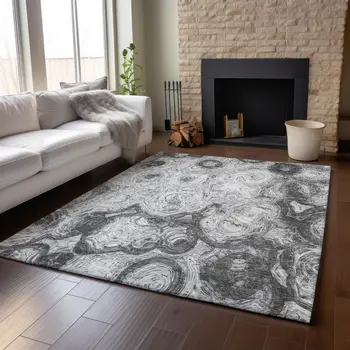 8' X 10' Gray And Silver Abstract Washable Area Rug With UV Protection