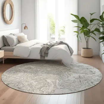 8' Ivory And Gray Abstract Washable Round Rug With UV Protection