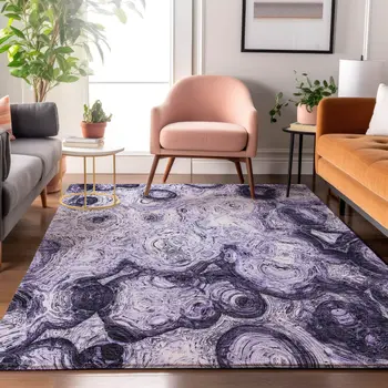 5' X 8' Purple And Ivory Abstract Washable Area Rug With UV Protection