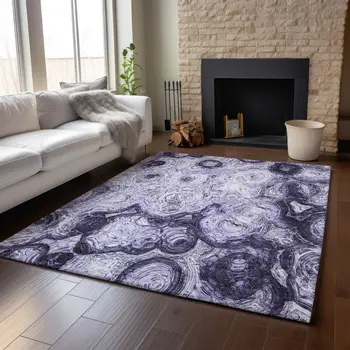 5' X 8' Purple And Ivory Abstract Washable Area Rug With UV Protection
