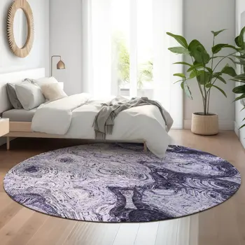 8' Purple And Ivory Abstract Washable Round Rug With UV Protection