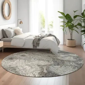 8' Silver And Gray Abstract Washable Round Rug With UV Protection