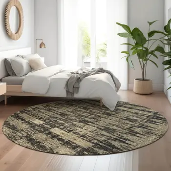 8' Black And Beige Moroccan Washable Round Rug With UV Protection
