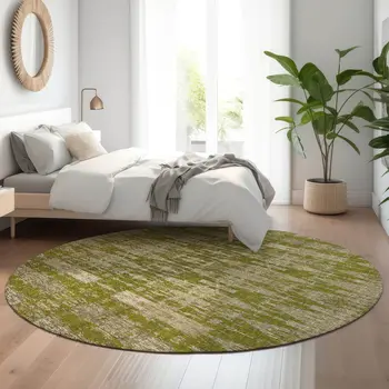 8' Olive Green And Beige Moroccan Washable Round Rug With UV Protection