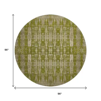 8' Olive Green And Beige Moroccan Washable Round Rug With UV Protection