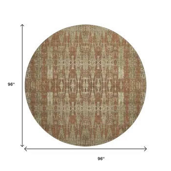 8' Chili Red And Beige Moroccan Washable Round Rug With UV Protection