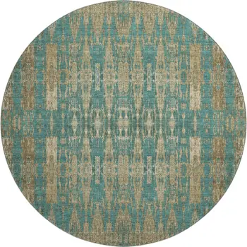 8' Teal And Beige Moroccan Washable Round Rug With UV Protection