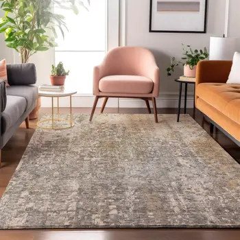 5' X 8' Beige And Gray Abstract Washable Area Rug With UV Protection