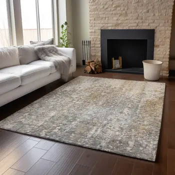 5' X 8' Beige And Gray Abstract Washable Area Rug With UV Protection