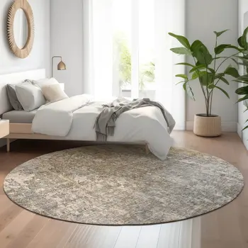 8' Beige And Gray Abstract Washable Round Rug With UV Protection