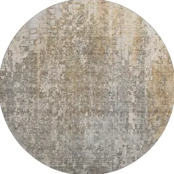 8' Beige And Gray Abstract Washable Round Rug With UV Protection