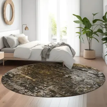 8' Brown And Gray Abstract Washable Round Rug With UV Protection