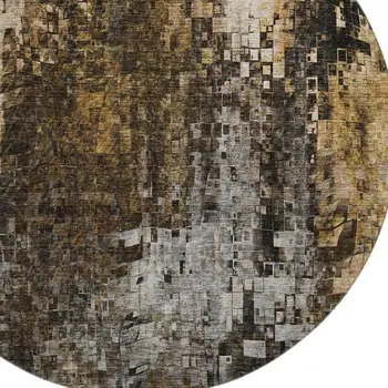 8' Brown And Gray Abstract Washable Round Rug With UV Protection