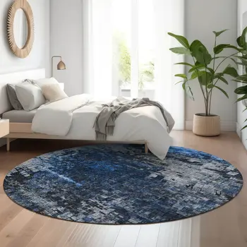 8' Blue And Gray Abstract Washable Round Rug With UV Protection