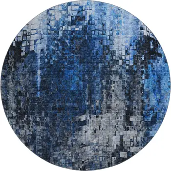 8' Blue And Gray Abstract Washable Round Rug With UV Protection