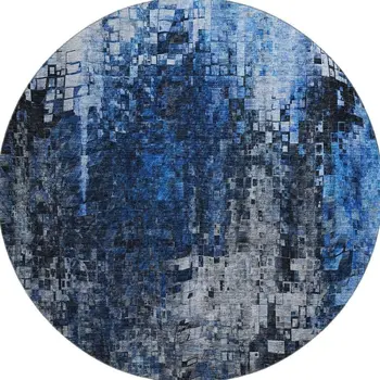 8' Blue And Gray Abstract Washable Round Rug With UV Protection