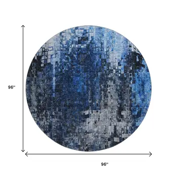 8' Blue And Gray Abstract Washable Round Rug With UV Protection