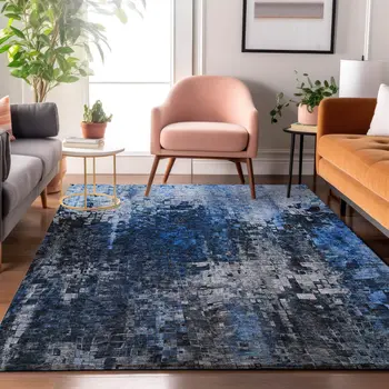 10' X 14' Blue And Gray Abstract Washable Area Rug With UV Protection