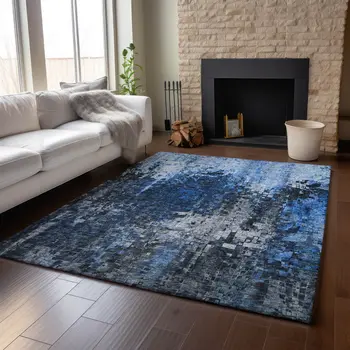 10' X 14' Blue And Gray Abstract Washable Area Rug With UV Protection