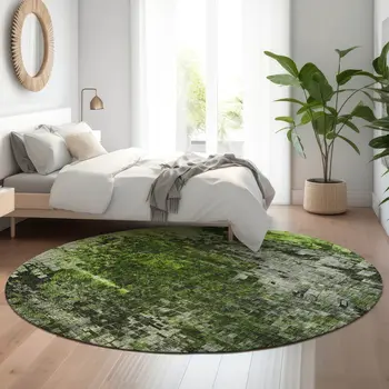 8' Green And Gray Abstract Washable Round Rug With UV Protection