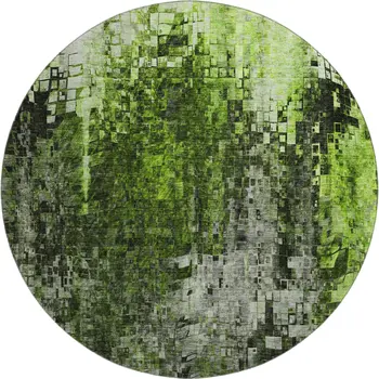 8' Green And Gray Abstract Washable Round Rug With UV Protection