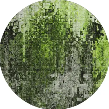 8' Green And Gray Abstract Washable Round Rug With UV Protection
