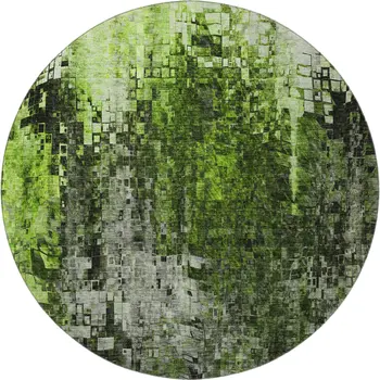 8' Green And Gray Abstract Washable Round Rug With UV Protection