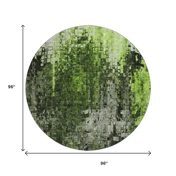 8' Green And Gray Abstract Washable Round Rug With UV Protection