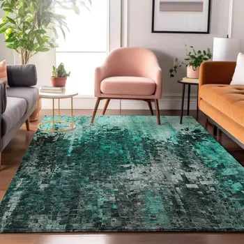 3' X 5' Teal And Gray Abstract Washable Area Rug With UV Protection