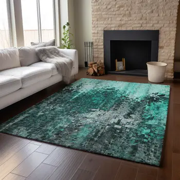3' X 5' Teal And Gray Abstract Washable Area Rug With UV Protection