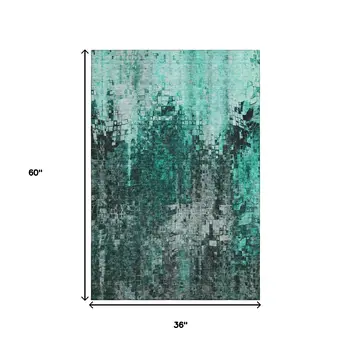 3' X 5' Teal And Gray Abstract Washable Area Rug With UV Protection
