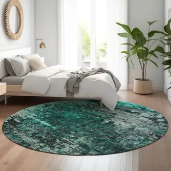 8' Teal And Gray Abstract Washable Round Rug With UV Protection