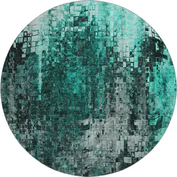 8' Teal And Gray Abstract Washable Round Rug With UV Protection