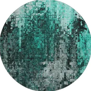 8' Teal And Gray Abstract Washable Round Rug With UV Protection
