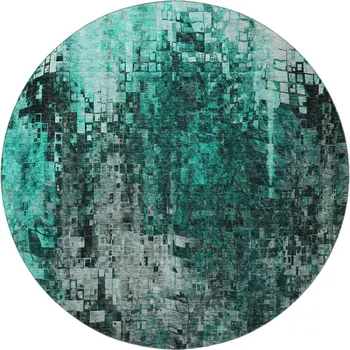 8' Teal And Gray Abstract Washable Round Rug With UV Protection