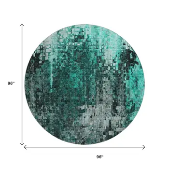 8' Teal And Gray Abstract Washable Round Rug With UV Protection
