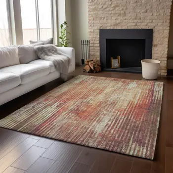 3' X 5' Chili Red And Ivory Striped Washable Area Rug With UV Protection