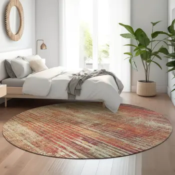 8' Chili Red And Ivory Striped Washable Round Rug With UV Protection