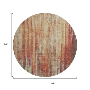 8' Chili Red And Ivory Striped Washable Round Rug With UV Protection