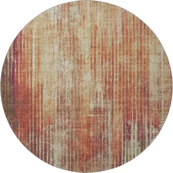 8' Chili Red And Ivory Striped Washable Round Rug With UV Protection