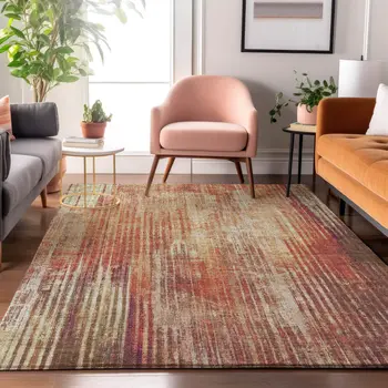 9' X 12' Chili Red And Ivory Striped Washable Area Rug With UV Protection